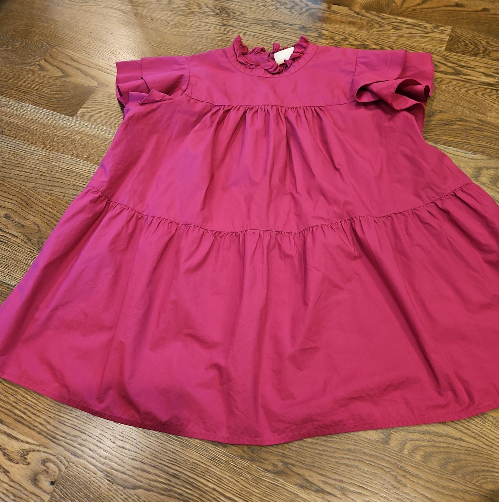 Maeve BY ANTHROPOGIE PINK Fuschia TUNIC ToP RUFFLES size L 100% Cotton Flouncy
